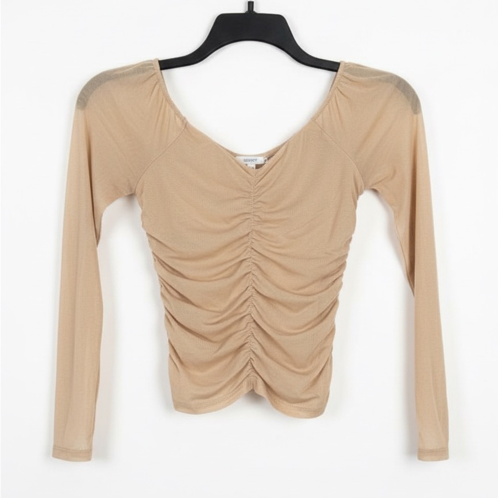 90s Y2K Tan Sheer Mesh Bodycon Club Top Rachel Green Small Stretchy Clubwear